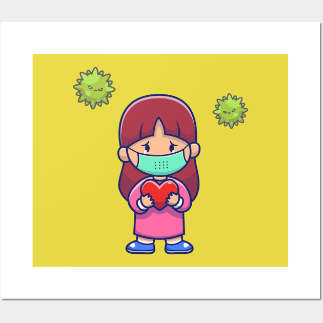 Cute Girl Hold Heart Wear Mask Cartoon Wall Art by Catalyst Labs